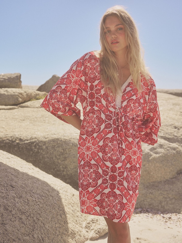 Red Print Mini Kaftan Dress - Image 1 of 6