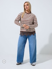 Yours Curve Brown Limited Stripe Long Sleeve Lace Hem T-Shirt - Image 2 of 6