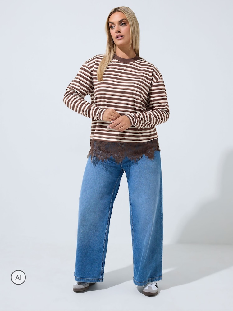 Yours Curve Brown Limited Stripe Long Sleeve Lace Hem T-Shirt - Image 2 of 6 Yours Curve Brown Limited Stripe Long Sleeve Lace Hem T-Shirt - Image 2 of 6