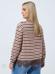Yours Curve Brown Limited Stripe Long Sleeve Lace Hem T-Shirt - Image 3 of 6