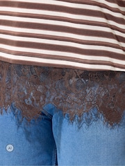 Yours Curve Brown Limited Stripe Long Sleeve Lace Hem T-Shirt - Image 4 of 6