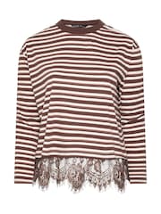 Yours Curve Brown Limited Stripe Long Sleeve Lace Hem T-Shirt - Image 5 of 6
