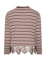 Yours Curve Brown Limited Stripe Long Sleeve Lace Hem T-Shirt - Image 6 of 6