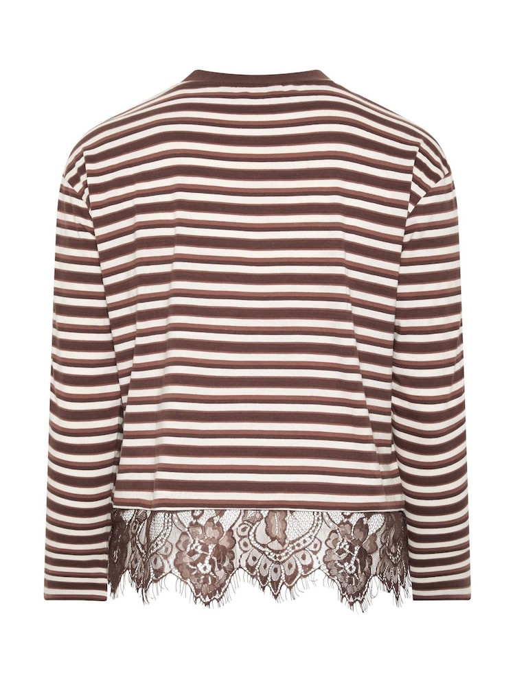 Yours Curve Brown Limited Stripe Long Sleeve Lace Hem T-Shirt - Image 6 of 6 Yours Curve Brown Limited Stripe Long Sleeve Lace Hem T-Shirt - Image 6 of 6
