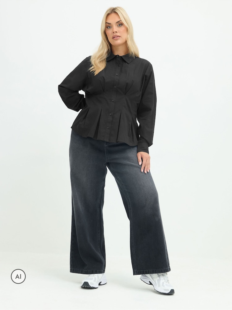 Yours Curve Black Limited Shaped Seam Detail Shirt - Image 2 of 6