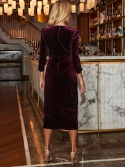 Sosandar Red Petite Luxe Velvet Sparkle Wrap Front Dress - Image 4 of 5