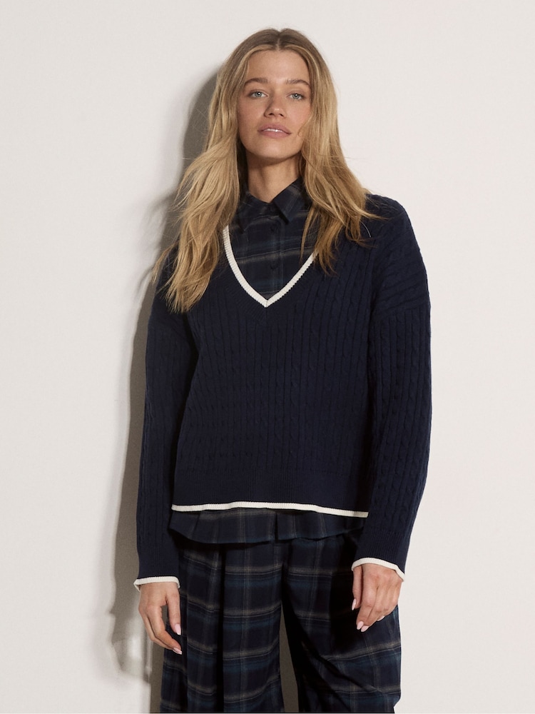 Apricot Blue Cable Knit Tipped Cricket Jumper - Image 4 of 4