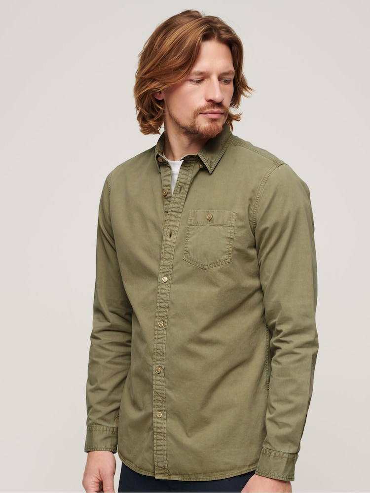 Superdry Light Khaki Green Merchant 100% Cotton Shirt - Image 1 of 6