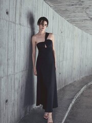 Mango Asymmetrical Satin Black Dress - Image 1 of 7
