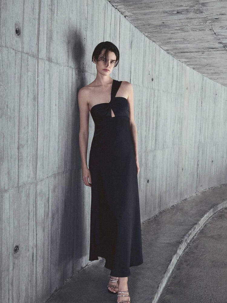 Mango Asymmetrical Satin Black Dress - Image 1 of 7 Mango Asymmetrical Satin Black Dress - Image 1 of 7