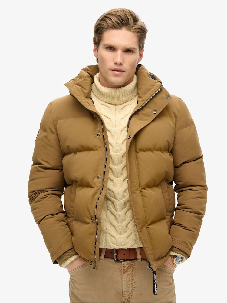 Superdry Kangaroo Brown Everest Short Hooded Puffer Coat Jacket - Image 1 of 6