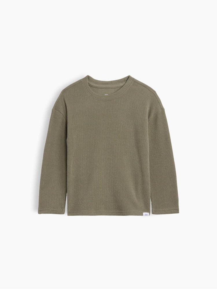Gap Khaki Green Cosy Waffle Knit Long Sleeve T-Shirt (6mths-5yrs) - Image 1 of 3 Gap Khaki Green Cosy Waffle Knit Long Sleeve T-Shirt (6mths-5yrs) - Image 1 of 3