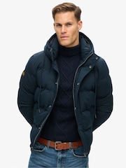 Superdry Eclipse Navy Everest Short Hooded Puffer Coat Jacket - Image 1 of 5