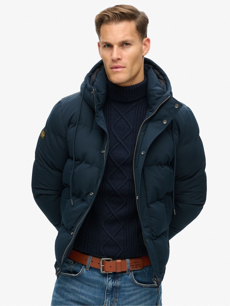 Superdry Eclipse Navy Everest Short Hooded Puffer Coat Jacket - Image 1 of 5