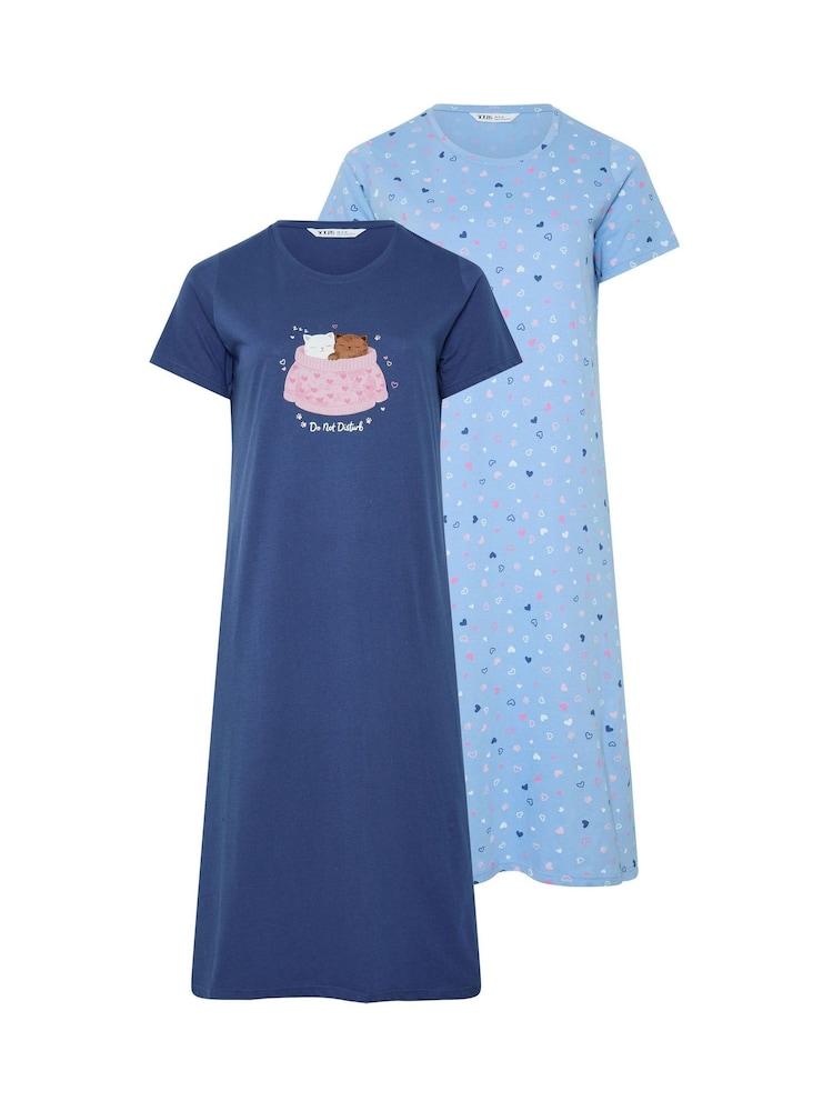 Yours Curve Blue Cat Print Midaxi Nightdress 2 Pack - Image 1 of 7