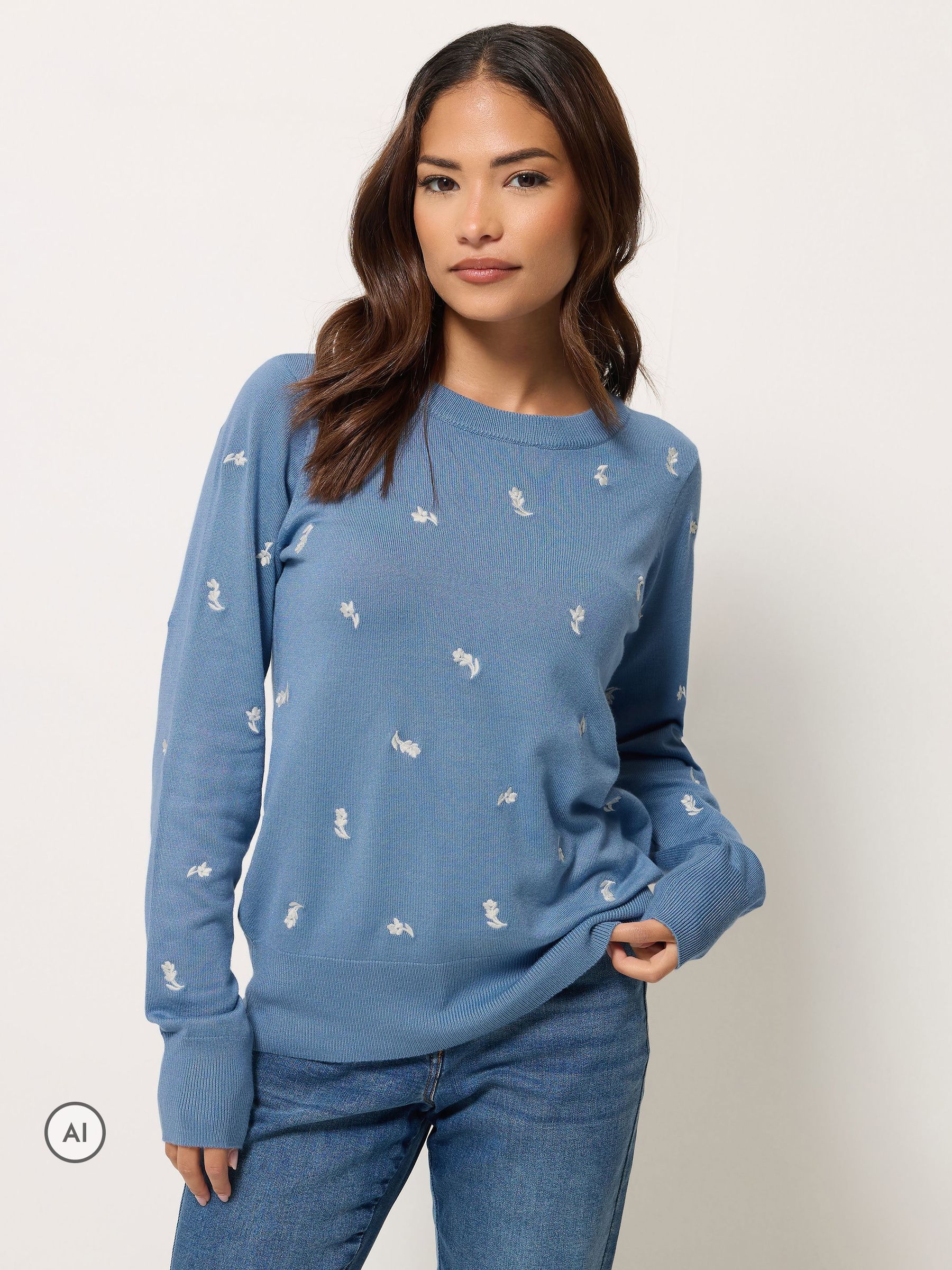 M&Co Women's Light Blue Ditsy Floral Embroidered Jumper In | Size: 8-10 - Image 3