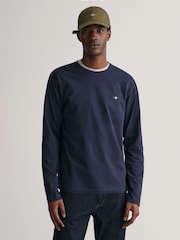 GANT Evening Blue Regular Fit Shield Logo Long Sleeve 100% Cotton T-Shirt - Image 1 of 5