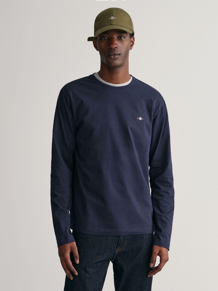 GANT Evening Blue Regular Fit Shield Logo Long Sleeve 100% Cotton T-Shirt - Image 1 of 5