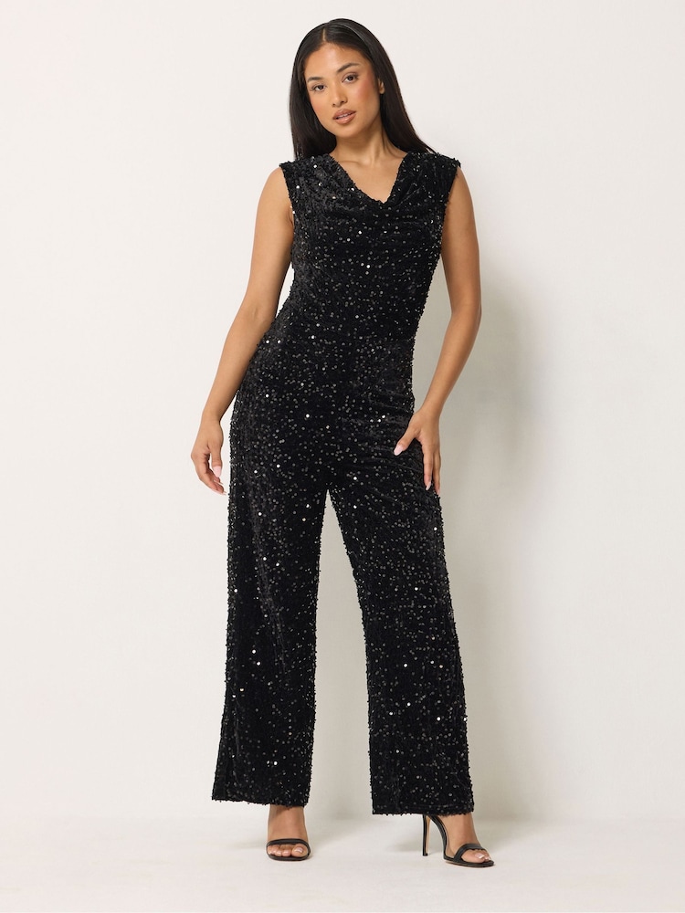 M&Co Black Sequin Velvet Cowl Neck Jumpsuit - Image 1 of 6 M&Co Black Sequin Velvet Cowl Neck Jumpsuit - Image 1 of 6