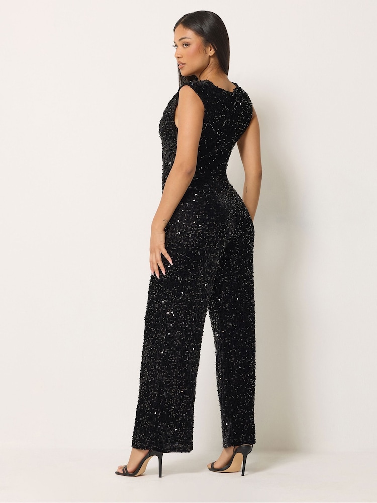 M&Co Black Sequin Velvet Cowl Neck Jumpsuit - Image 2 of 6 M&Co Black Sequin Velvet Cowl Neck Jumpsuit - Image 2 of 6