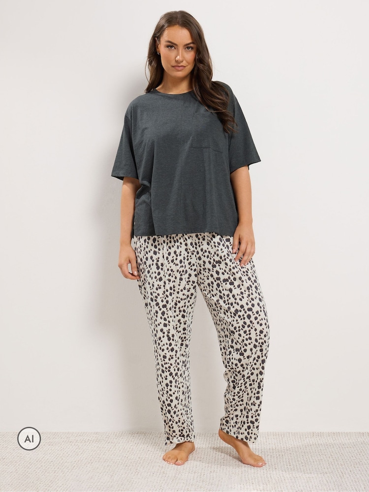Yours Curve Grey Leopard Wide Leg Pyjama Set - Image 1 of 6 Yours Curve Grey Leopard Wide Leg Pyjama Set - Image 1 of 6