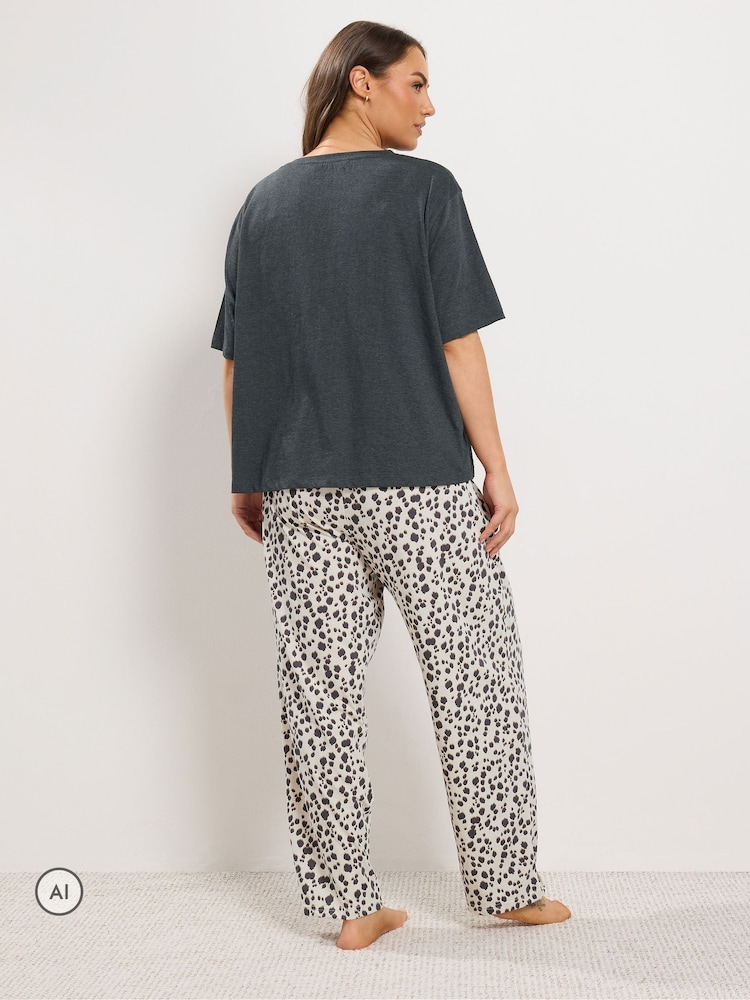 Yours Curve Grey Leopard Wide Leg Pyjama Set - Image 2 of 6 Yours Curve Grey Leopard Wide Leg Pyjama Set - Image 2 of 6