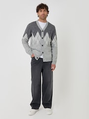 Threadbare Grey Wool Blend Argyle Button Up Cardigan - Image 1 of 4