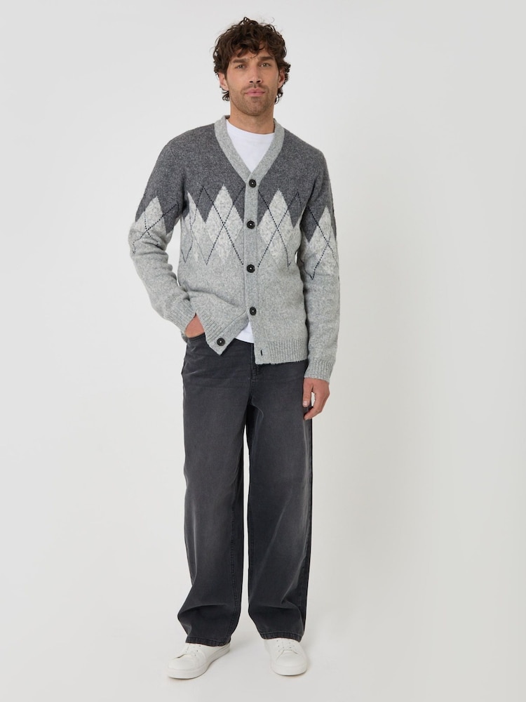 Threadbare Grey Wool Blend Argyle Button Up Cardigan - Image 1 of 4 Threadbare Grey Wool Blend Argyle Button Up Cardigan - Image 1 of 4