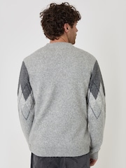 Threadbare Grey Wool Blend Argyle Button Up Cardigan - Image 2 of 4