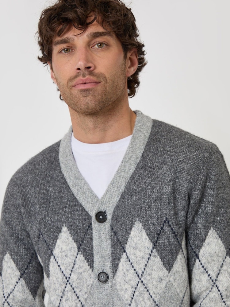 Threadbare Grey Wool Blend Argyle Button Up Cardigan - Image 4 of 4 Threadbare Grey Wool Blend Argyle Button Up Cardigan - Image 4 of 4