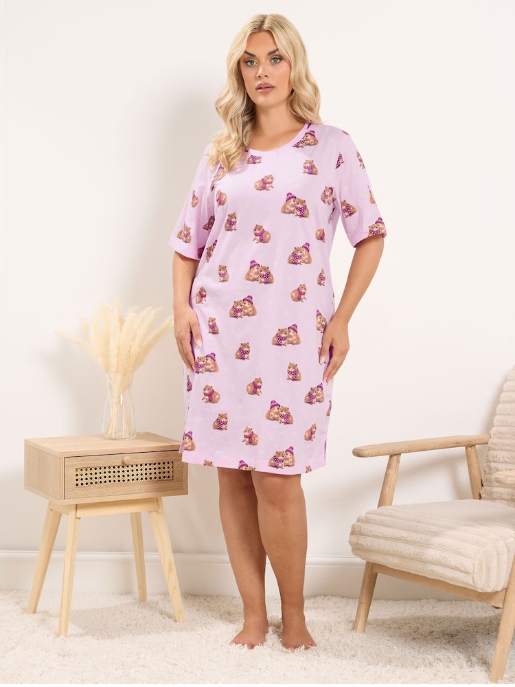 Yours Curve Pink Polka Dot Capybara Nightdress - Image 1 of 6 Yours Curve Pink Polka Dot Capybara Nightdress - Image 1 of 6