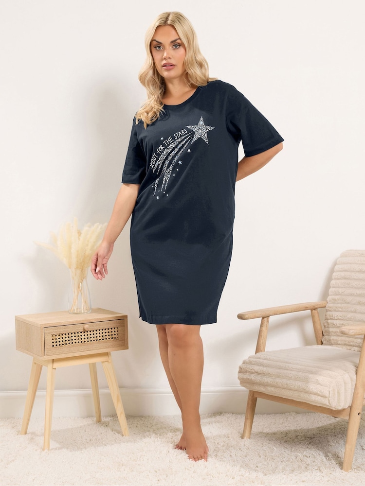 Yours Curve Blue Star Print Nightdress - Image 1 of 6 Yours Curve Blue Star Print Nightdress - Image 1 of 6