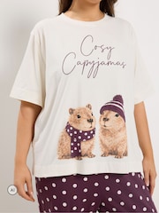 Yours Curve White Capybara Short Sleeve Cuffed Pyjama Set - Image 3 of 6