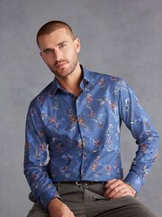 Navy Blue Floral Slim Fit Signature Trimmed Shirt - Image 1 of 9