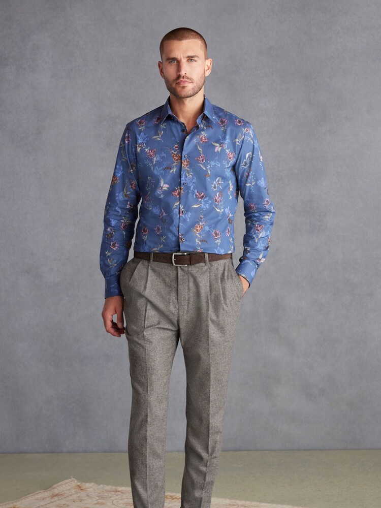 Navy Blue Floral Slim Fit Signature Trimmed Shirt - Image 2 of 9