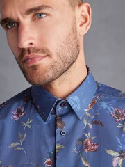 Navy Blue Floral Slim Fit Signature Trimmed Shirt - Image 4 of 9
