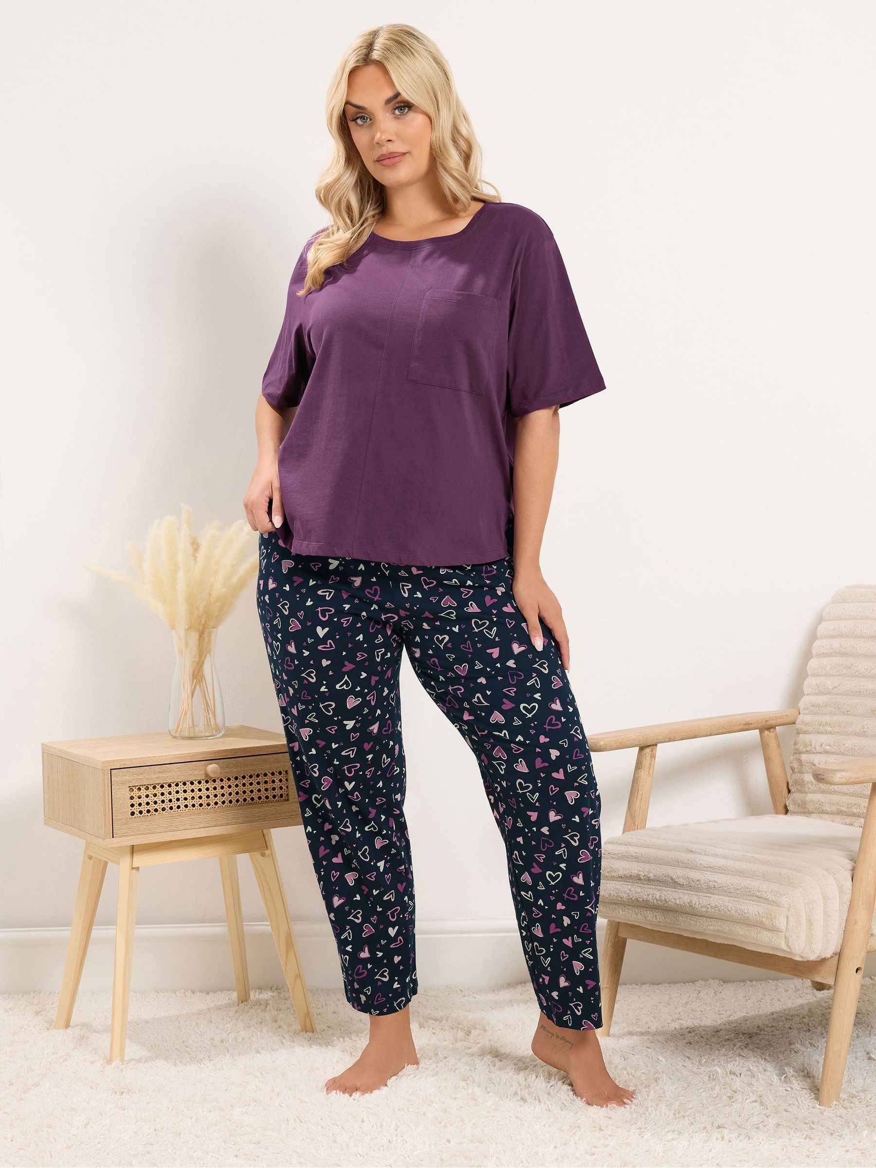 Yours Women's Purple Heart Wide Leg Pyjamas In Size 34-36 - Image 2