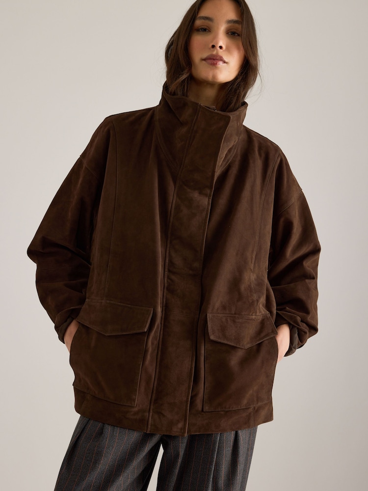 Anthropologie Brown Suede Funnel-Neck Jacket - Image 2 of 5