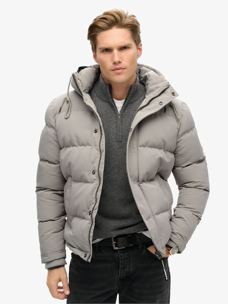 Superdry Alloy Grey Everest Short Hooded Puffer Coat Jacket - Image 1 of 6 Superdry Alloy Grey Everest Short Hooded Puffer Coat Jacket - Image 1 of 6