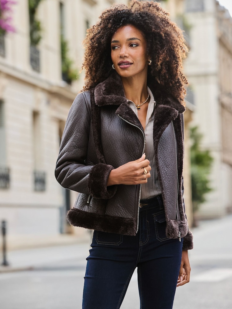 Sosandar Brown Faux Shearling Aviator Jacket - Image 1 of 5 Sosandar Brown Faux Shearling Aviator Jacket - Image 1 of 5