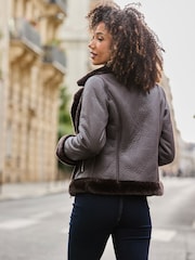 Sosandar Brown Faux Shearling Aviator Jacket - Image 4 of 5