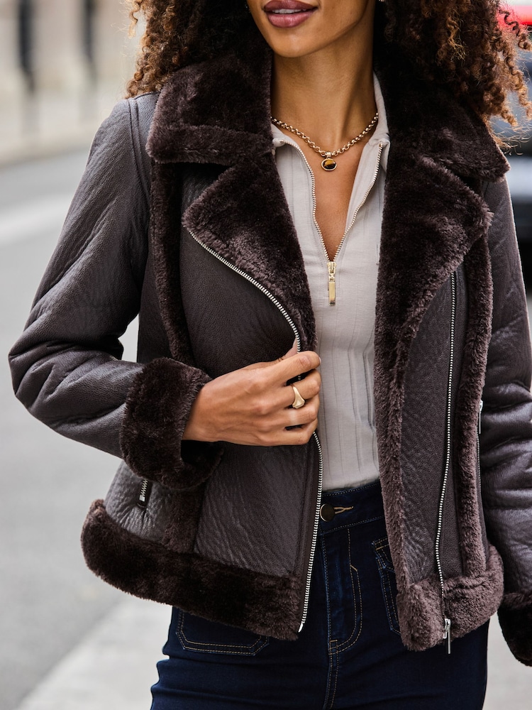 Sosandar Brown Faux Shearling Aviator Jacket - Image 5 of 5 Sosandar Brown Faux Shearling Aviator Jacket - Image 5 of 5