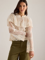 Anthropologie Cream Long-Sleeve Cape Lace Blouse - Image 2 of 5