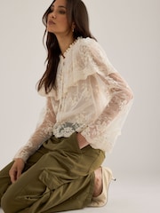 Anthropologie Cream Long-Sleeve Cape Lace Blouse - Image 3 of 5
