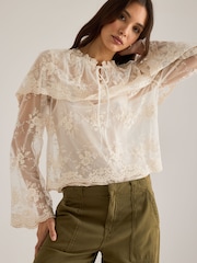 Anthropologie Cream Long-Sleeve Cape Lace Blouse - Image 4 of 5