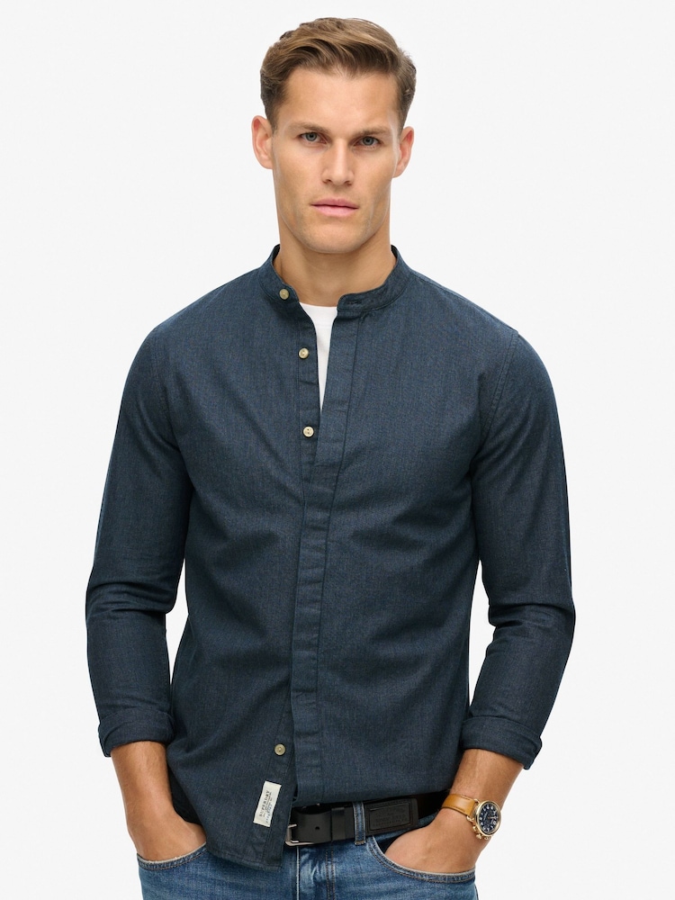 Superdry Indigo Micro Texture 100% Cotton Merchant Grandad Shirt - Image 1 of 4