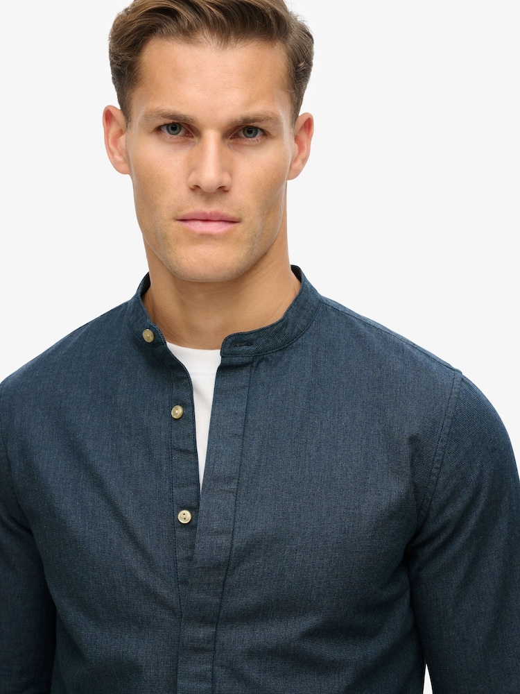 Superdry Indigo Micro Texture 100% Cotton Merchant Grandad Shirt - Image 2 of 4