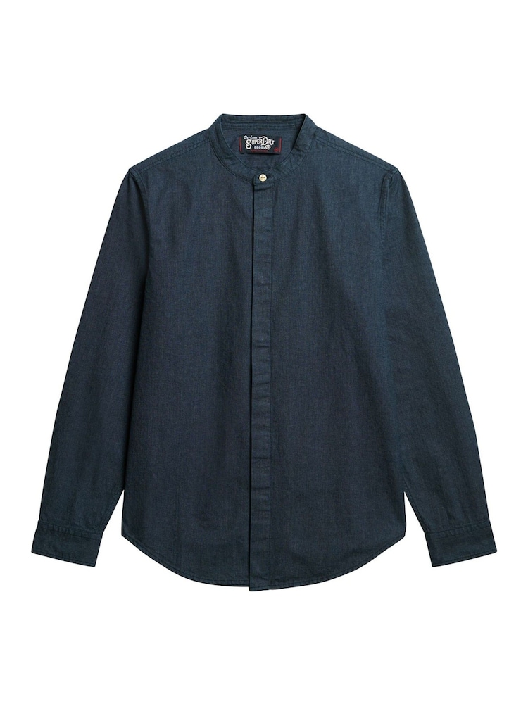 Superdry Indigo Micro Texture 100% Cotton Merchant Grandad Shirt - Image 3 of 4