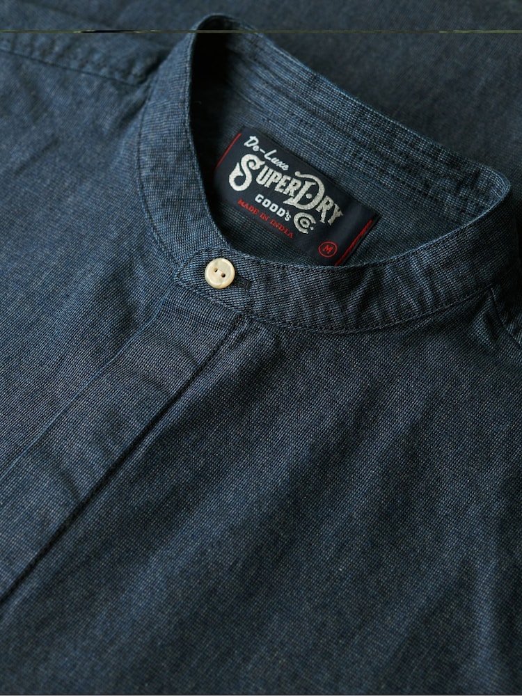 Superdry Indigo Micro Texture 100% Cotton Merchant Grandad Shirt - Image 4 of 4