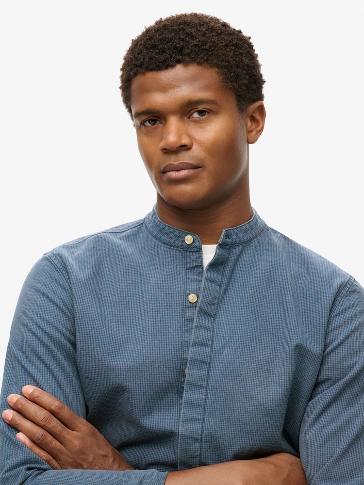 Superdry Indigo Gingham 100% Cotton Merchant Grandad Shirt - Image 2 of 4